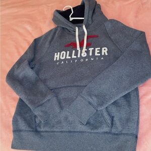 Hollister Men's Blue Gray Pullover Hoodie with Red Logo